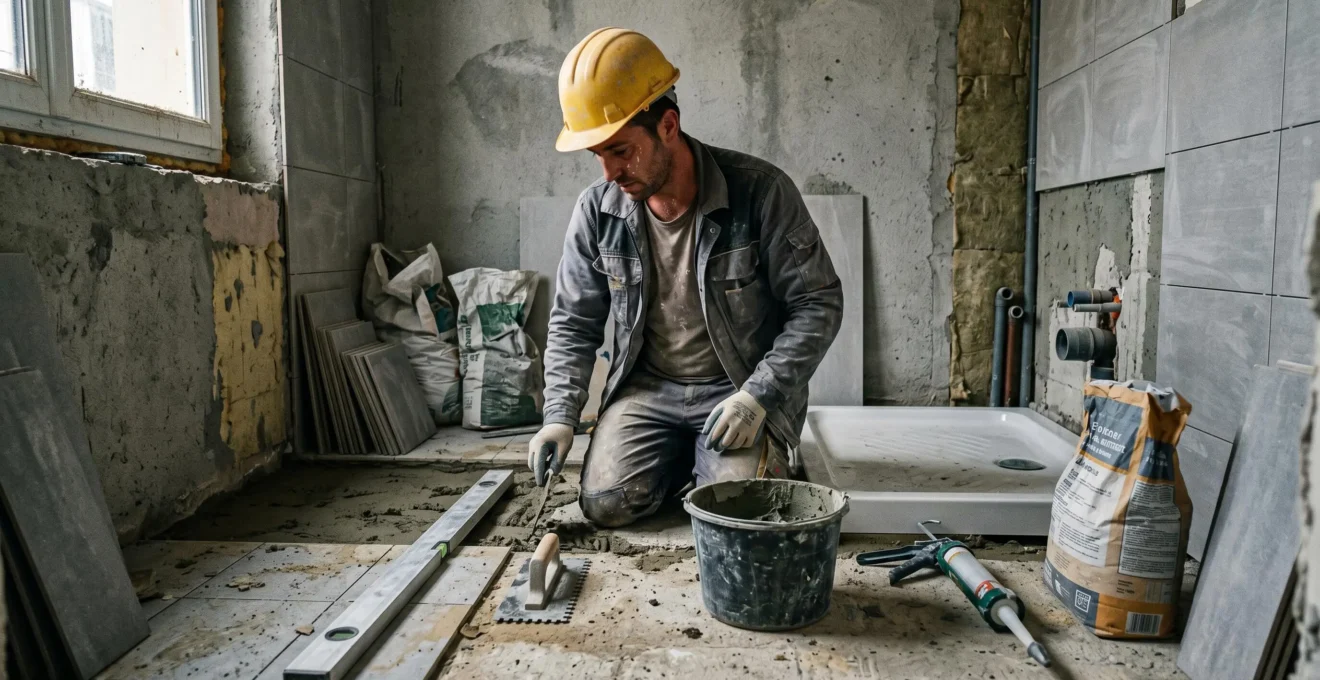Artisan plombier installant un receveur extra-plat sur chantier avec outils spécialisés et préparation du support