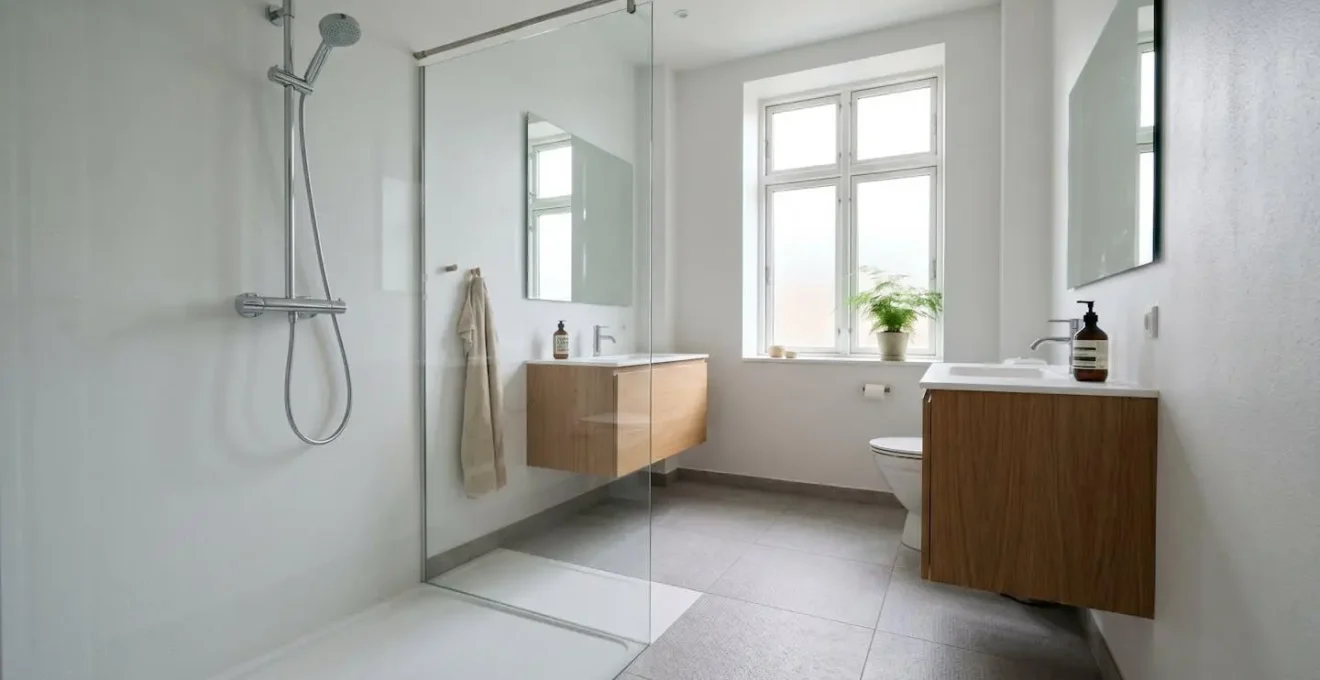 Salle de bain moderne avec receveur de douche extra-plat blanc intégré au niveau du sol, paroi vitrée et carrelage contemporain